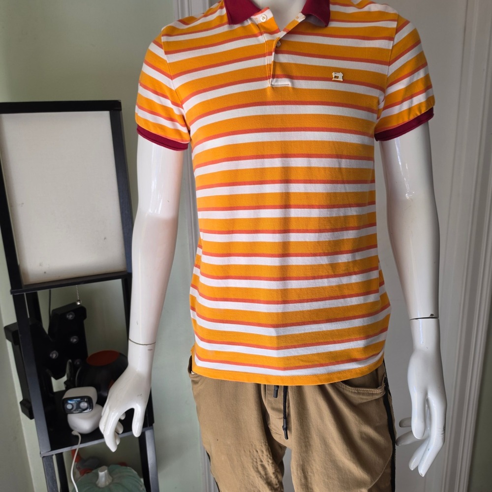 Scotch & Soda Mens Striped Pique Polo Shirt Orange White Burgundy Small